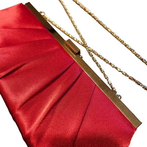 Vintage '90s Jessica McClintock Red Satin Clutch Purse Metal Chain Strap Holiday - Picture 2 of 8